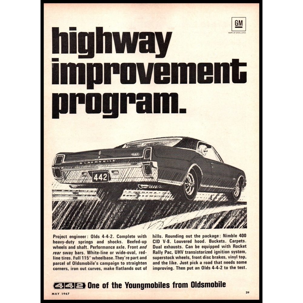 1967 Oldsmobile 4-4-2 Coupe Vintage Print Ad Highway Improvement Program Art